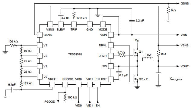 Typical Application Circuit for Design 2 for TPS51518 Single-Phase, D-CAP and D-CAP2 Controller with 2-Bit Flexible VID Control