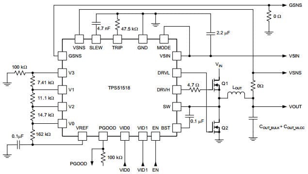 Typical Application Circuit for Design 3 for TPS51518 Single-Phase, D-CAP and D-CAP2 Controller with 2-Bit Flexible VID Control