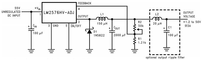 Typical Application Circuit for LM2576 1.2V to 55V Adjustable 3A Power Supply with Low Output Ripple