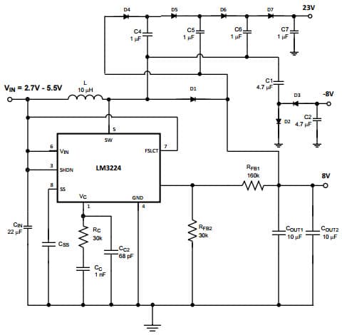 Typical Application Circuit for LM3224, Triple Output TFT Bias (615 kHz operation) Step-up PWM DC/DC Converter