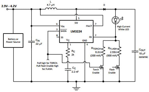 Typical Application Circuit for LM3224 Continuously Operating White LED Flash/Torch Driver, Step-up PWM DC/DC Converter