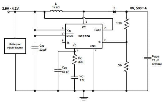 Typical Application Circuit for LM3224, 1.25MHz, 8V Output Step-up PWM DC/DC Converter