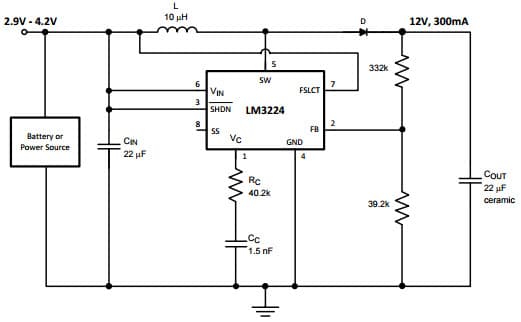 Typical Application Circuit for LM3224, 1.25MHz, 12V Output Step-up PWM DC/DC Converter