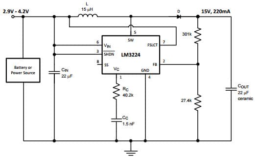 Typical Application Circuit for LM3224, 1.25MHz, 15V Output Step-up PWM DC/DC Converter