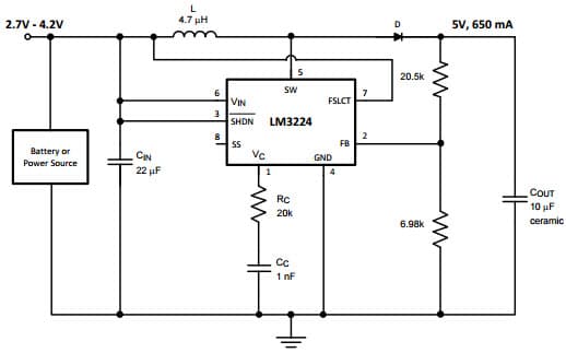 Typical Application Circuit for LM3224, 1.25MHz, 5V Output Step-up PWM DC/DC Converter