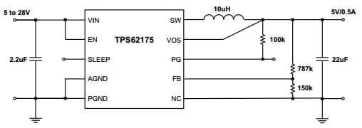 Typical Application Circuit for TPS62177, 5V/0.5A Power Supply, Step-Down Converter with Sleep Mode