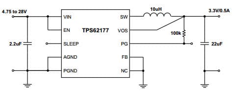 Typical Application Circuit for TPS62177, 3.3V/0.5A Power Supply, Step-Down Converter with Sleep Mode