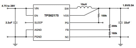 Typical Application Circuit for TPS62177, 1.8V/0.5A Power Supply, Step-Down Converter with Sleep Mode