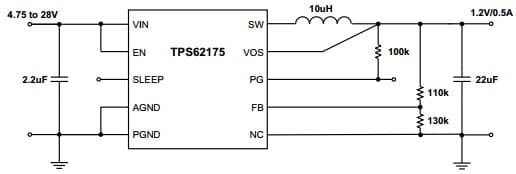 Typical Application Circuit for TPS62177, 1.2V/0.5A Power Supply, Step-Down Converter with Sleep Mode