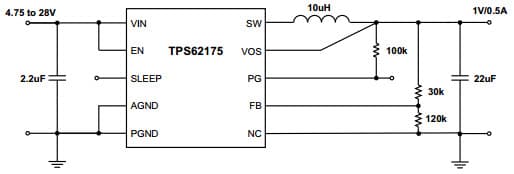 Typical Application Circuit for TPS62177, 1V/0.5A Power Supply, Step-Down Converter with Sleep Mode