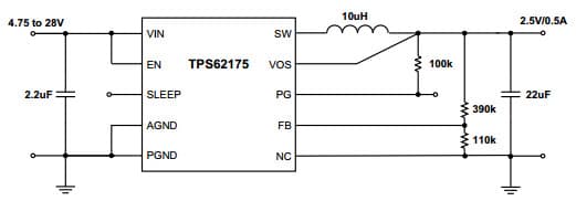 Typical Application Circuit for TPS62177, 2.5V/0.5A Power Supply, Step-Down Converter with Sleep Mode