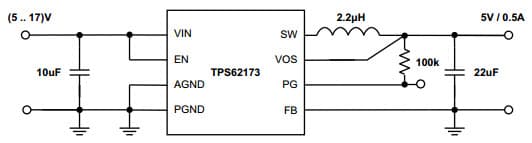 Typical Application for TPS62172 5V/0.5A Power Supply, Step-Down Converter