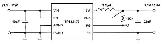 Typical Application for TPS62172 3.3V/0.5A Power Supply, Step-Down Converter