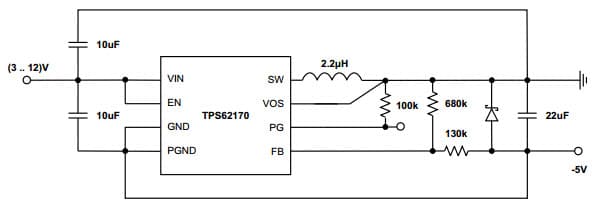 Typical Application for TPS62172 -5V Inverting Power Supply, Step-Down Converter