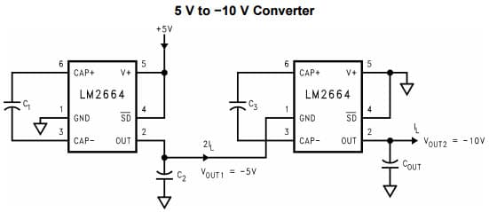 Typical Application Circuit for LM2664, 5V to -10V Switched Capacitor Voltage Converter