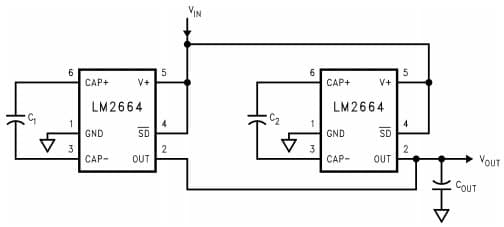 Typical Application Circuit for LM2664 Switched Capacitor Voltage Converter with Lowering Output Resistance by Paralleling Devices