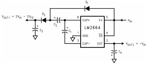 Typical Application Circuit for LM2664 Switched Capacitor Voltage Converter with Combined Voltage Doubler and Inverter