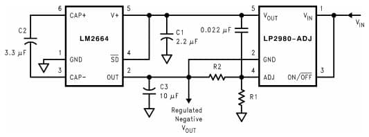 Typical Application Circuit for LM2664 Switched Capacitor Voltage Converter with Combining LM2664 with LP2980 to Make a Negative Adjustable Regulator