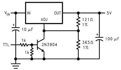 Typical Application Circuit for LM1085 Low Dropout Positive, 5V Regulator with shut-down