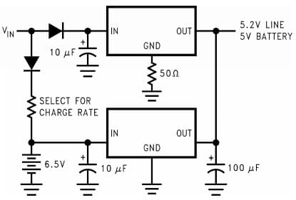 Typical Application Circuit for LM1085 Low Dropout Positive Regulator with Battery Backup Regulated Supply