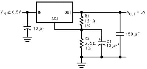 Typical Application Circuit for LM1085 Low Dropout Positive Regulator with Ripple Rejection Enhancement