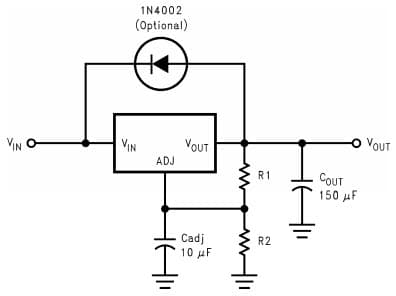 Typical Application Circuit for LM1085 Low Dropout Positive Regulator With Protection Diode