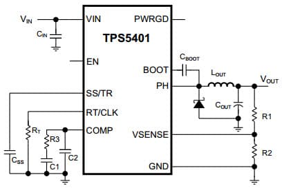 Typical Application Circuit for TPS5401 0.5A, 42V Input, Step-Down SWIFT Converter