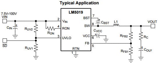 Typical Application Circuit for LM5019 100V, 100mA Constant On-Time Synchronous Buck Regulator