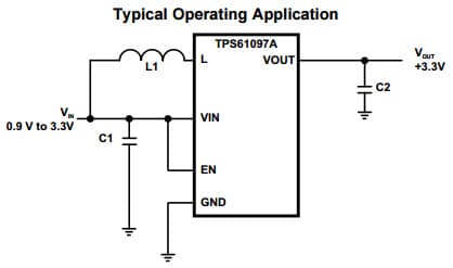 Typical Application Circuit for TPS61097A Low Input Voltage Synchronous Boost Converter With Low Quiescent Current