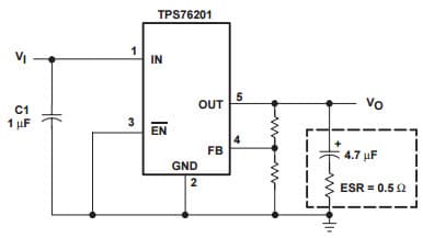 Typical Application Circuit for TPS76201 Low Output Adjustable Ultra Low-Power 100-Ma LDO Linear Regulator