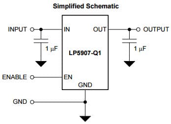 Typical Simplified Application Circuit for LP5907-Q1 Ultra Low-Noise, 250mA Linear Regulator for RF and Analog Circuits - Requires No Bypass Capacitor