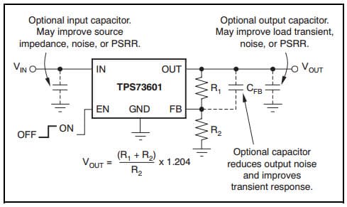 Typical Application Circuit for Adjustable-Voltage Versions for TPS73633-Q1 400mA Low-Dropout Regulator with Reverse Current Protection