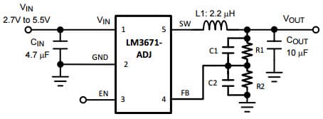 Typical Application Circuit for ADJ for LM3671 2MHz, 600mA Step-Down DC-DC Converter