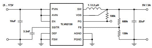 Typical Application Circuit for TLV62130 5V/3A Power Supply Step-Down Converter with DCS-Control