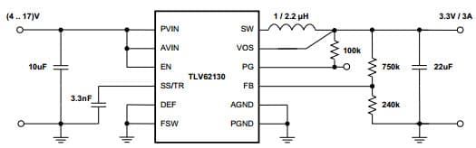 Typical Application Circuit for TLV62130 3.3V/3A Power Supply Step-Down Converter with DCS-Control