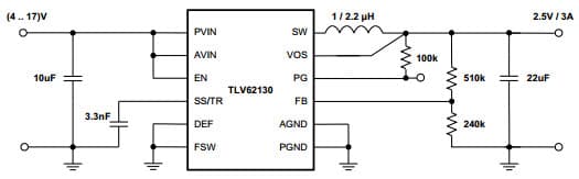 Typical Application Circuit for TLV62130 2.5V/3A Power Supply Step-Down Converter with DCS-Control