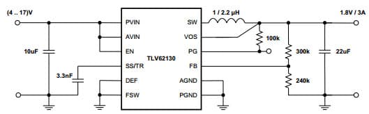 Typical Application Circuit for TLV62130 1.8V/3A Power Supply Step-Down Converter with DCS-Control