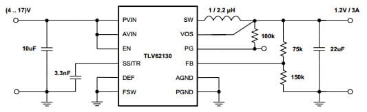 Typical Application Circuit for TLV62130 1.2V/3A Power Supply Step-Down Converter with DCS-Control