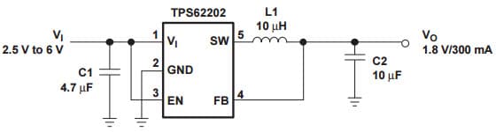 Typical Application for Li-Ion to 1.8 V Fixed Output Voltage Version for TPS62202 High Efficiency Step-Down DC/DC Converter