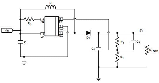 Typical Application Circuit for LM2735X 1.6MHz, Vin = 5V, Vout = 12V @ 350mA Space-Efficient Boost and SEPIC DC-DC Regulator