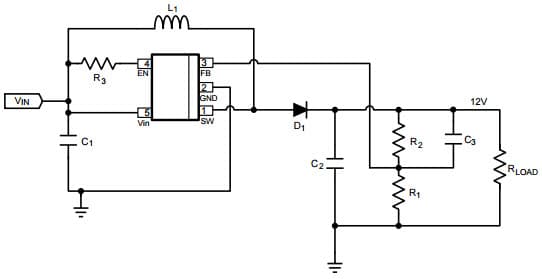 Typical Application Circuit for LM2735Y 520kHz, Vin = 5V, Vout = 12V @ 350mA Space-Efficient Boost and SEPIC DC-DC Regulator