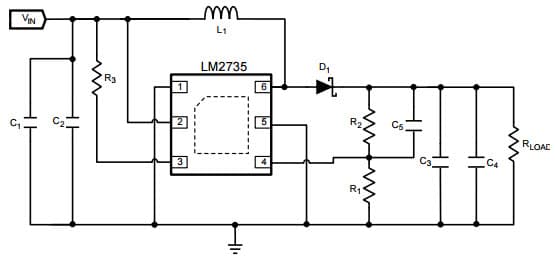 Typical Application Circuit for LM2735Y 520kHz, Vin = 3.3V, Vout = 12V @ 350mA Space-Efficient Boost and SEPIC DC-DC Regulator