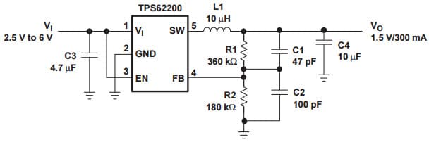 Typical Application for Adjustable Output Voltage Version Set to 1.5V for TPS62202 High Efficiency Step-Down DC/DC Converter