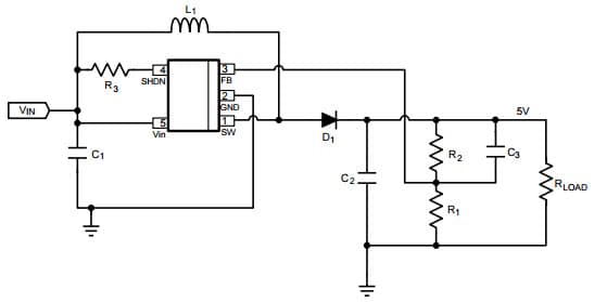 Typical Application Circuit for LM2735X 1.6MHz, Vin = 3V, Vout = 5V @ 500mA Space-Efficient Boost and SEPIC DC-DC Regulator