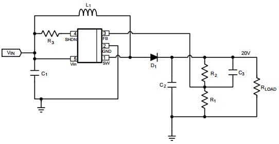 Typical Application Circuit for LM2735Y 520kHz, Vin = 3.3V, Vout = 20V @ 100mA Space-Efficient Boost and SEPIC DC-DC Regulator