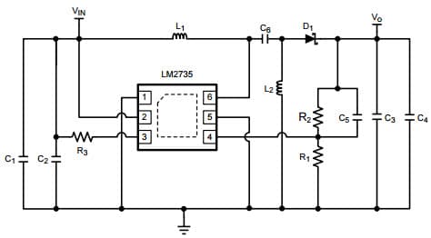 Typical Application Circuit for LM2735X 1.6MHz, Vin = 2.7V - 5V, Vout = 3.3V @ 500mA Space-Efficient Boost and SEPIC DC-DC Regulator