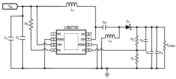 Typical Application Circuit for LM2735Y 520kHz, Vin = 2.7V - 5V, Vout = 3.3V @ 500mA Space-Efficient Boost and SEPIC DC-DC Regulator