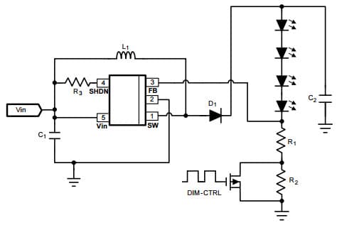 Typical Application Circuit for LM2735X 1.6MHz, Vin = 2.7V - 5V, Vout = 20V @ 50mA Space-Efficient Boost and SEPIC DC-DC Regulator