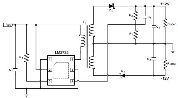 Typical Application Circuit for LM2735Y 520kHz, Vin = 5V, Vout = ¦12V 150mA Space-Efficient Boost and SEPIC DC-DC Regulator