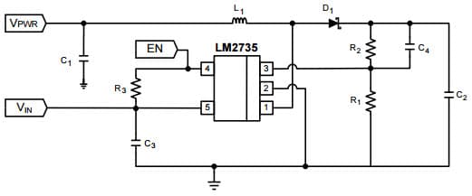 Typical Application Circuit for LM2735X 1.6MHz, VPWR = 9, Vin = 2.7V - 5.5V, Vout = 12V @ 500mA Space-Efficient Boost and SEPIC DC-DC Regulator